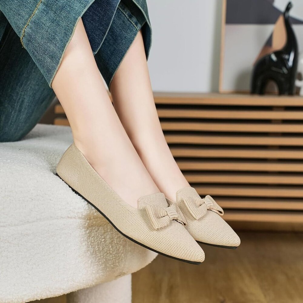 Women Nude Pointed Toe Dressy Comfortable Knit Breathable Mesh Ballet Flats - Picture 6 of 7